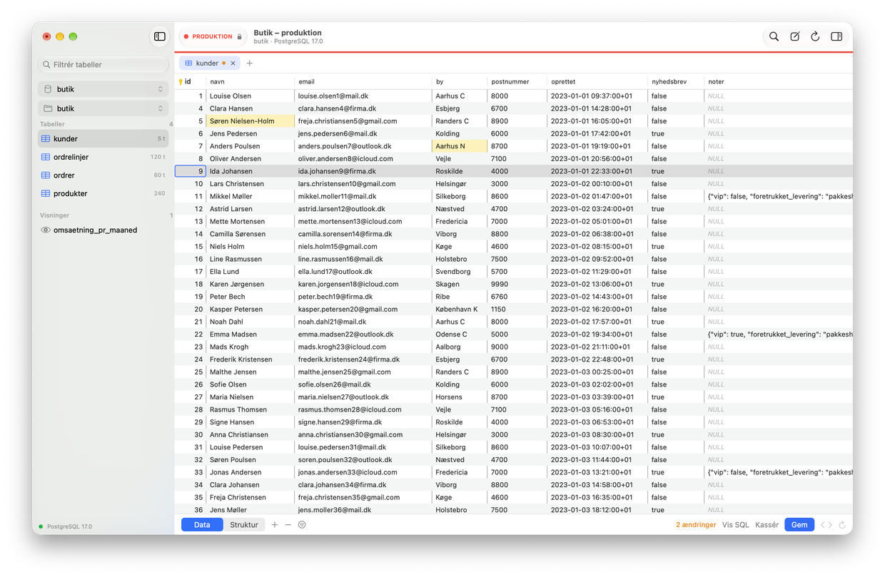 En produktionsdatabase over SSH i Tabel med den røde bjælke og to ændringer, der venter på at blive gemt.